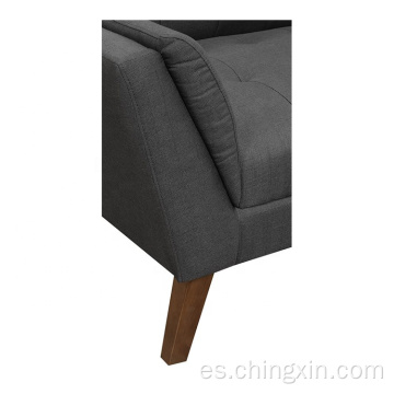 Sofá de ocio de tela gris de dos asientos con patas de madera maciza